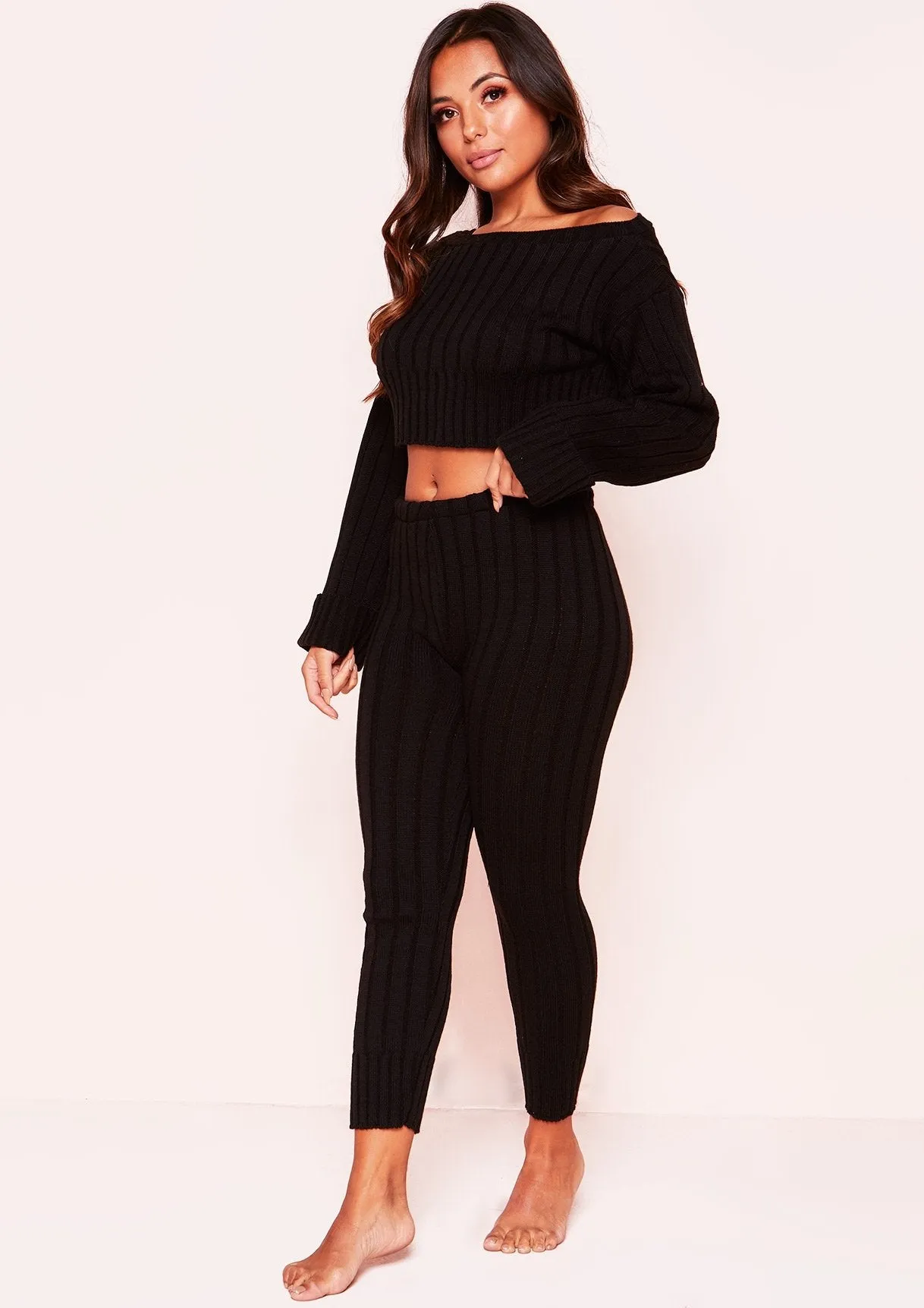 Ella Black Knit Cropped Loungewear Set