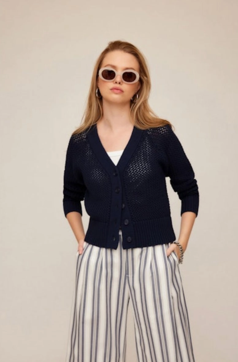ElasticTrimming Ellen Crochet Cardigan Sweater Navy