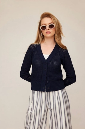 Ellen Crochet Cardigan Sweater Navy ButtonFront
