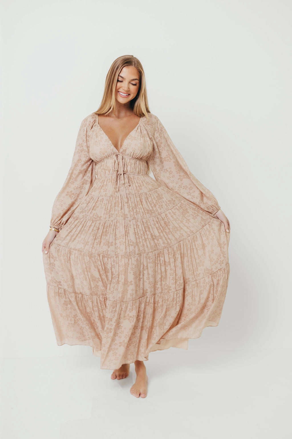 Winter Layering Elyse Maxi Dress in Beige Floral