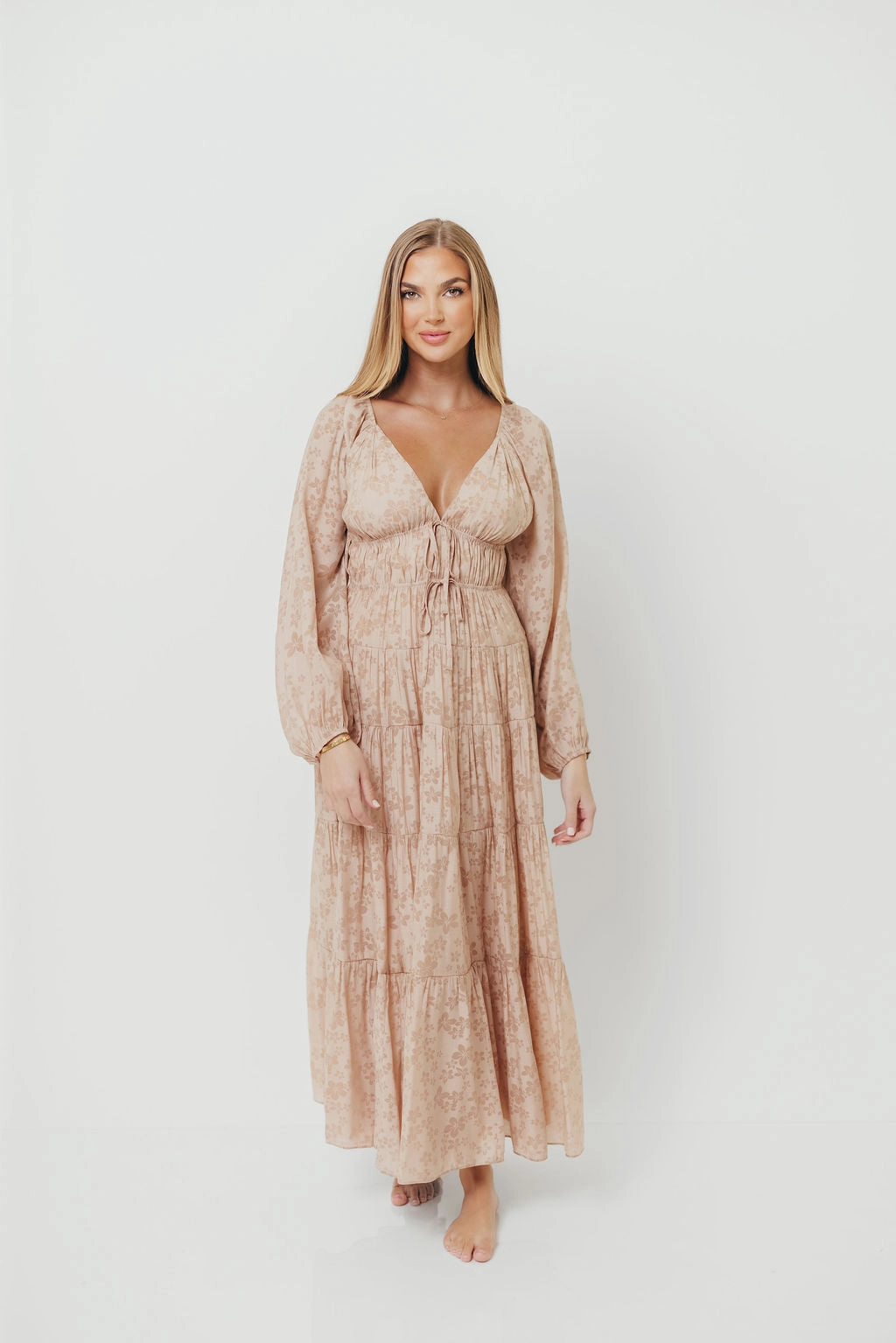 Elyse Maxi Dress in Beige Floral Versatile Piece