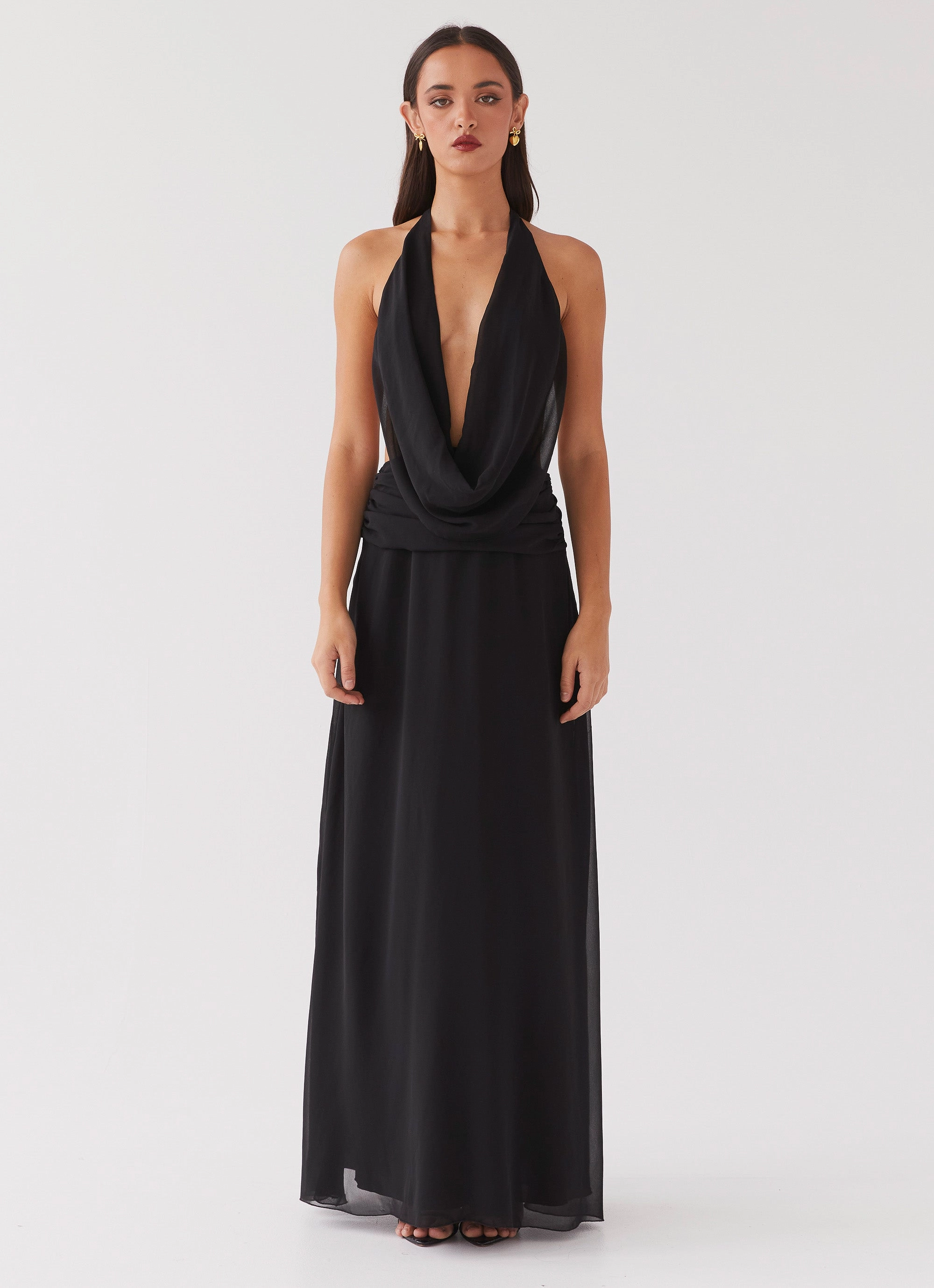 Sleek Waist Elysia Chiffon Maxi Dress - Black
