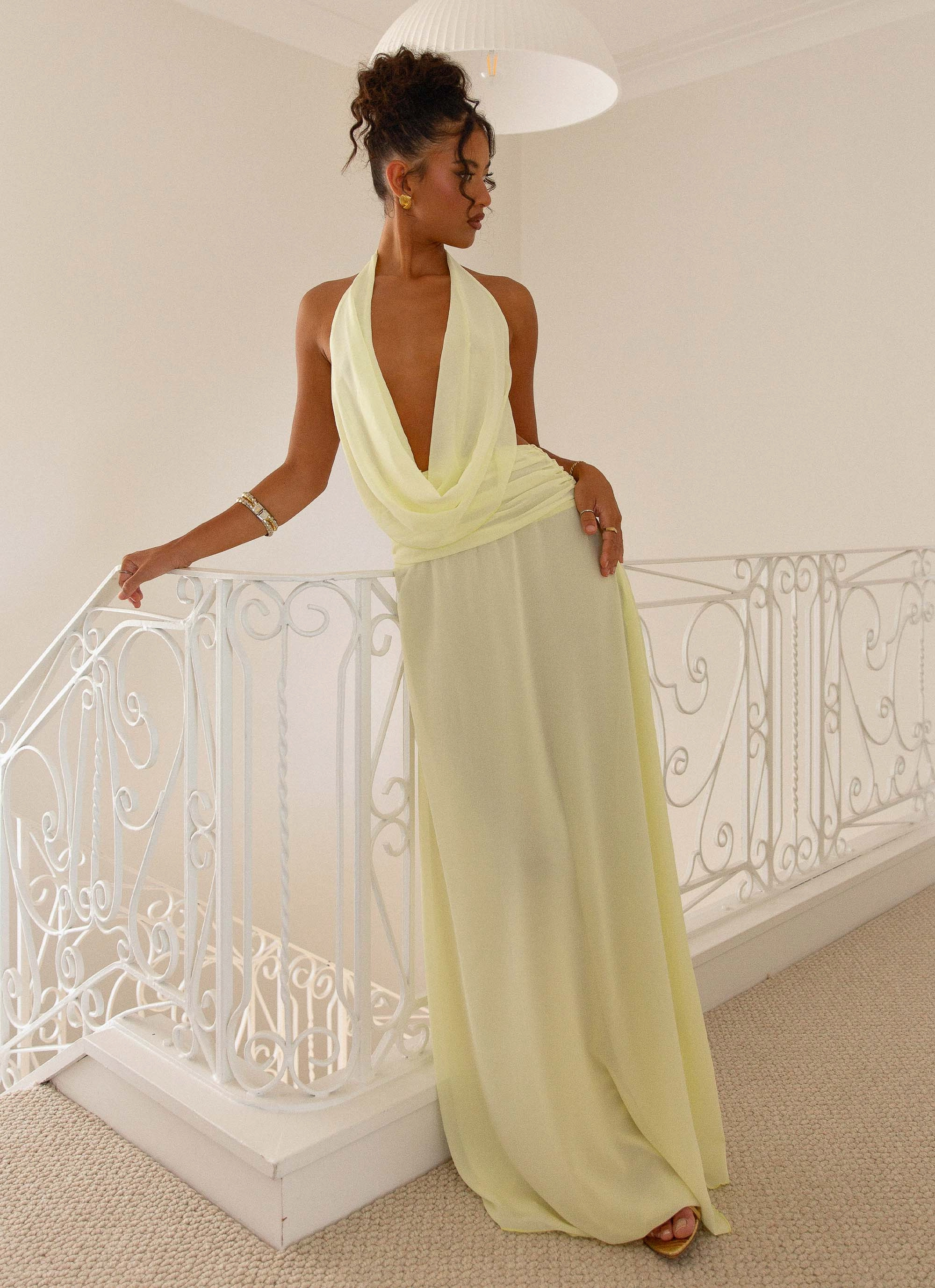 Pearl-Detail Elysia Chiffon Maxi Dress - Lemon