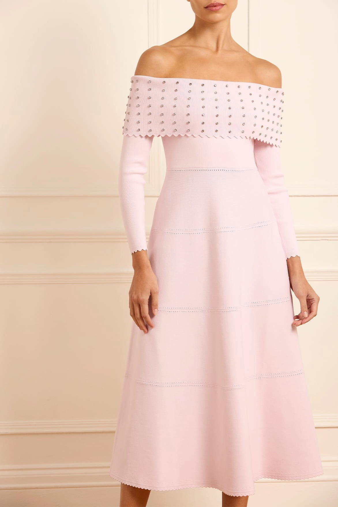 Blush Glow Embellished Bardot Knit Gown