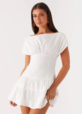 Printed-Fabric Timeless Waist Fit Ember Haze Boat Neck Mini Dress - Off White