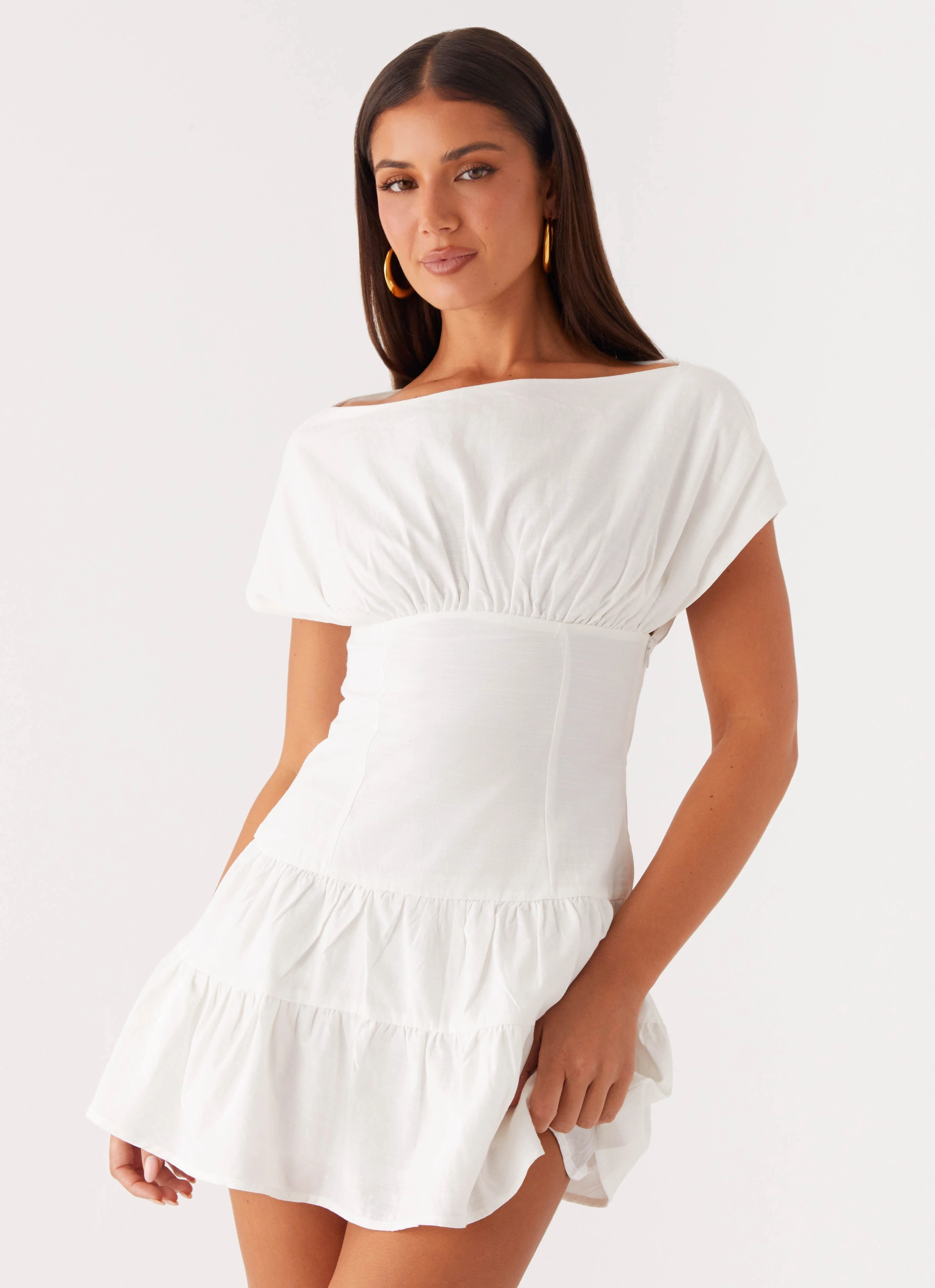 Printed-Fabric Timeless Waist Fit Ember Haze Boat Neck Mini Dress - Off White