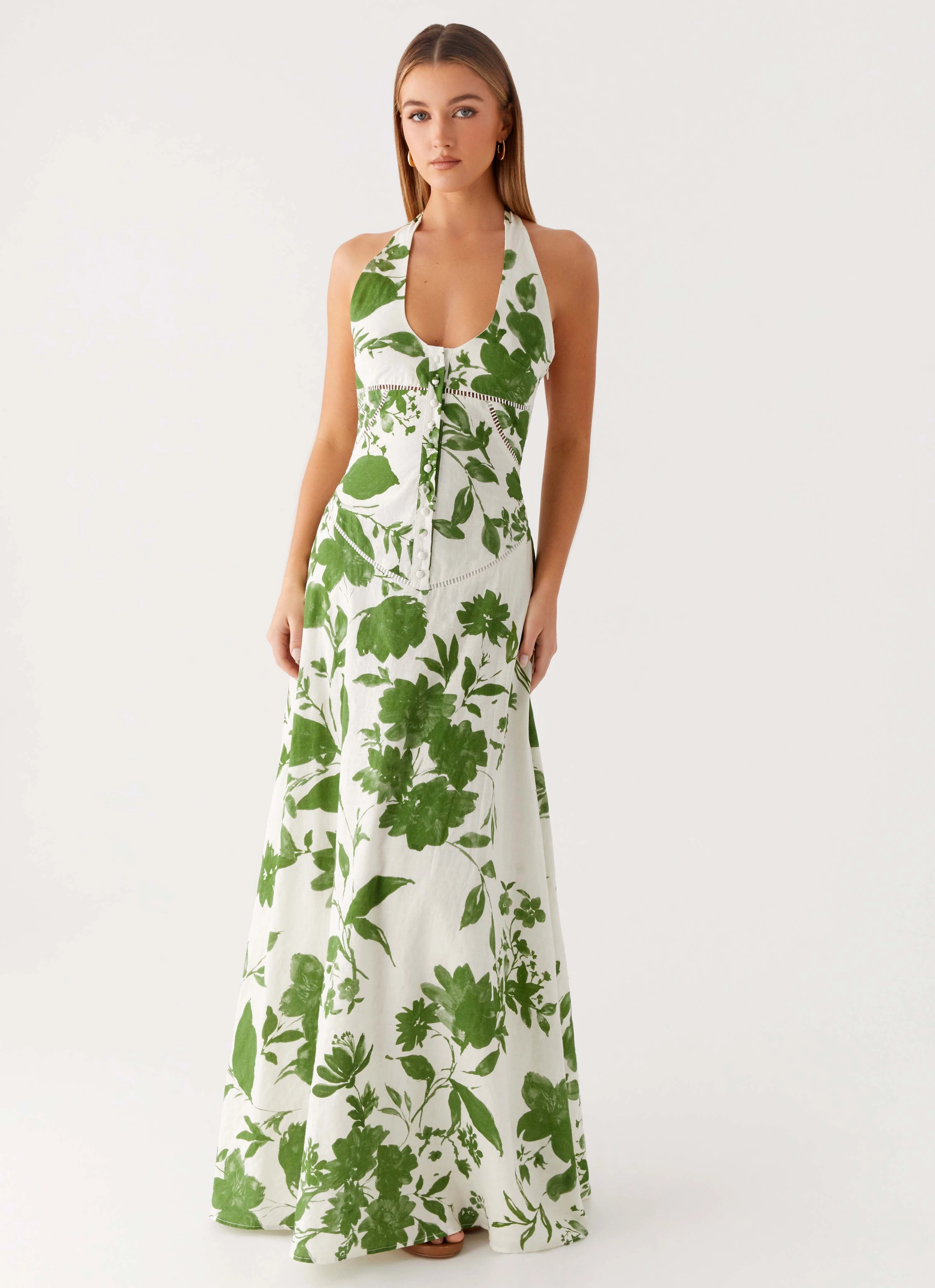 Ember Valley Maxi Dress - Verdant Bloom Lace-Sleeve Polite Color