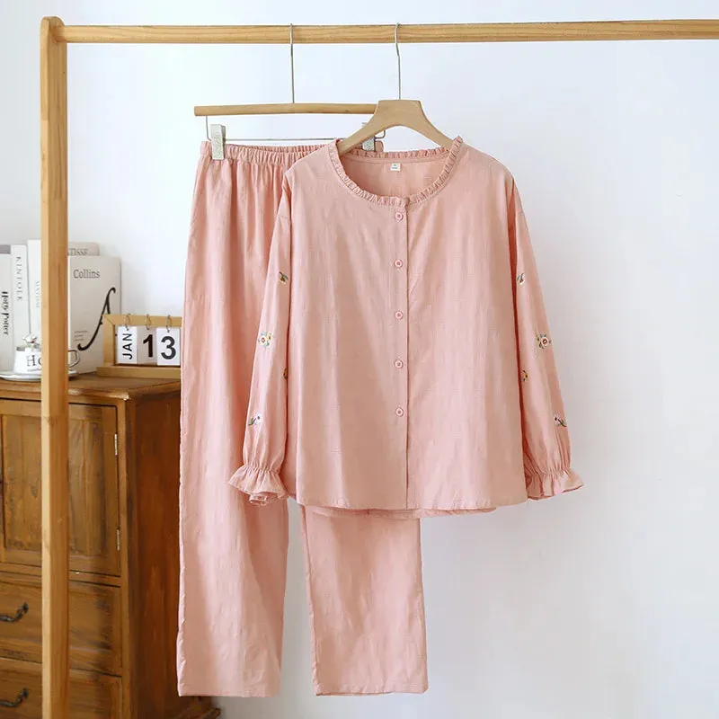 Embroidered Cotton Pajamas Floral Sleepwear for Women