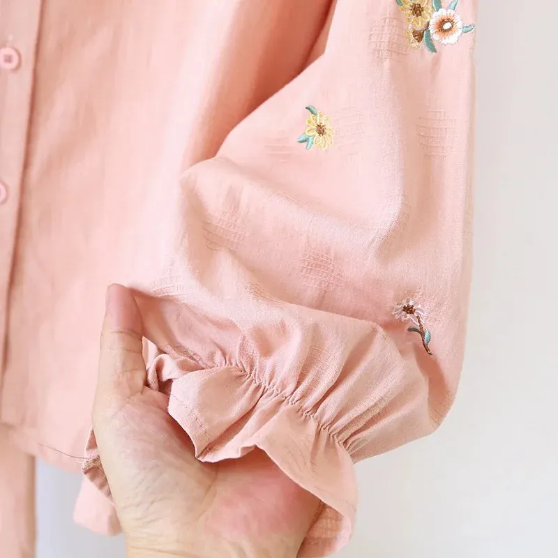 Embroidered Cotton Pajamas Floral Sleepwear for Women