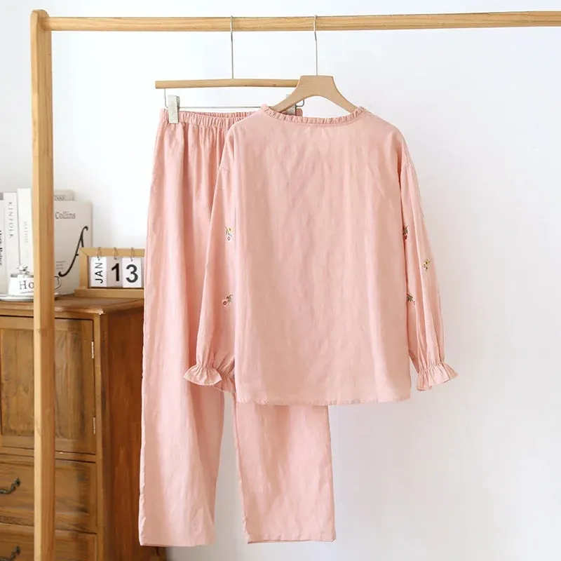 Embroidered Cotton Pajamas Floral Sleepwear for Women