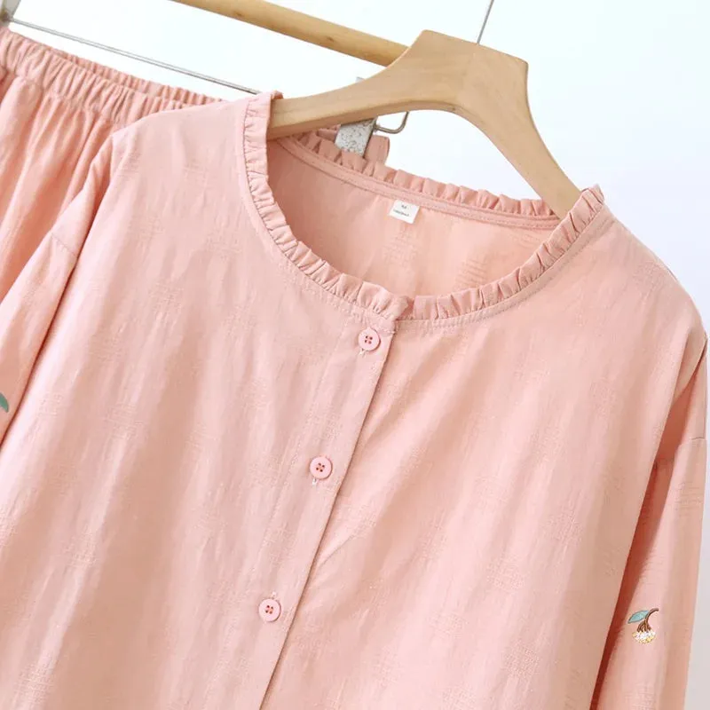 Embroidered Cotton Pajamas Floral Sleepwear for Women