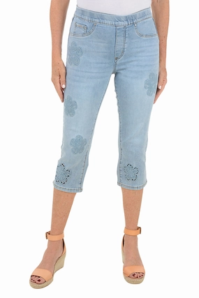 Embroidered Flower Pull-On Denim Capri Pant Comfy Active Stretchy Material