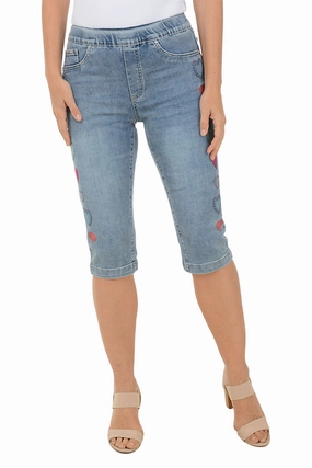 Embroidered Hearts Denim Clamdigger Pant Utility Pockets FadeResistant