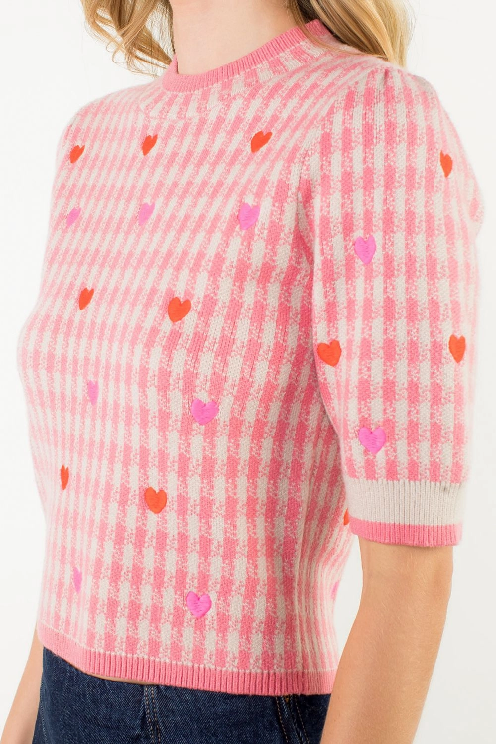 EMBROIDERED KNIT TOP HEART LightweightLayeredFabric Recycled Material Blend