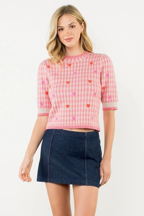 EMBROIDERED KNIT TOP HEART Double Layered Hem Eco Conscious Dye Process