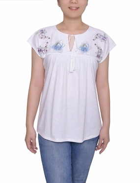 Eco Friendly Dye Process Embroidered Yoke Extended Sleeve Top