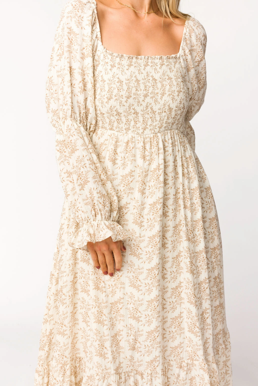 Emerson 100% Cotton Gauze Maxi Dress in Natural/Tan Floral - Bump Friendly Smart Fit Timeless Fit Look