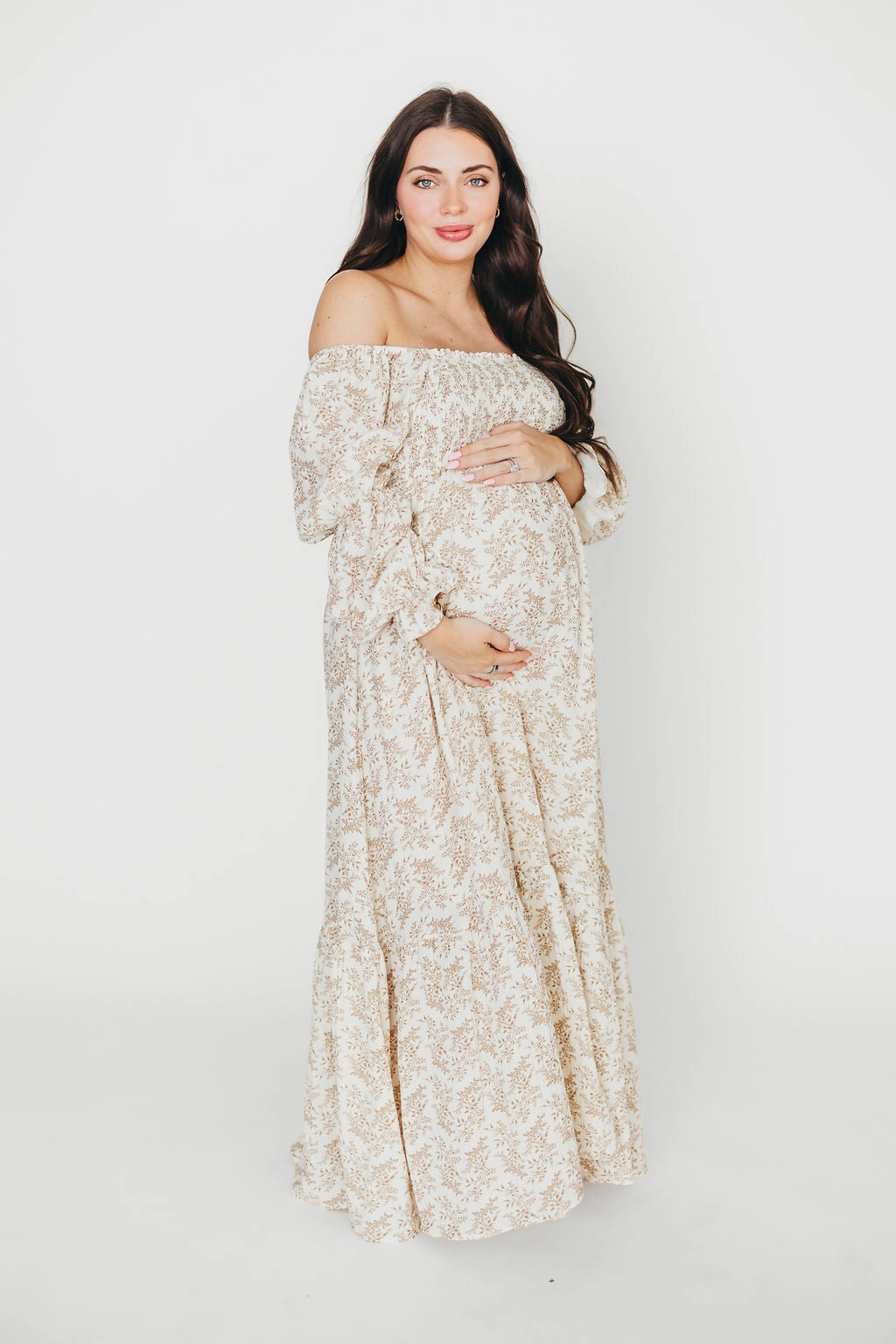 Emerson 100% Cotton Gauze Maxi Dress in Natural/Tan Floral - Bump Friendly Peace View