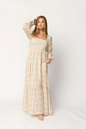 Urban Edge Emerson 100% Cotton Gauze Maxi Dress in Natural/Tan Floral - Bump Friendly