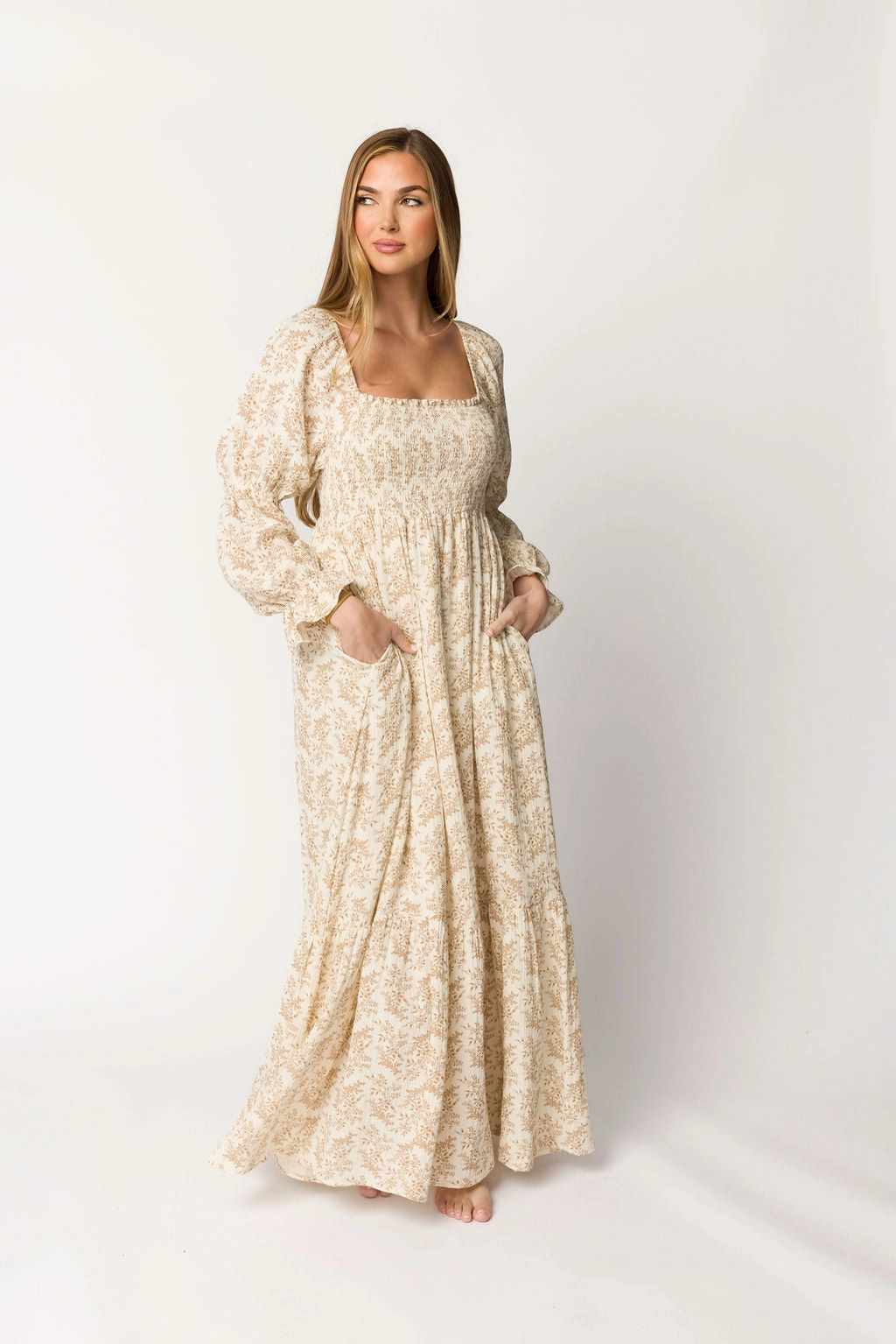 Lightweight Fit Emerson 100% Cotton Gauze Maxi Dress in Natural/Tan Floral - Bump Friendly