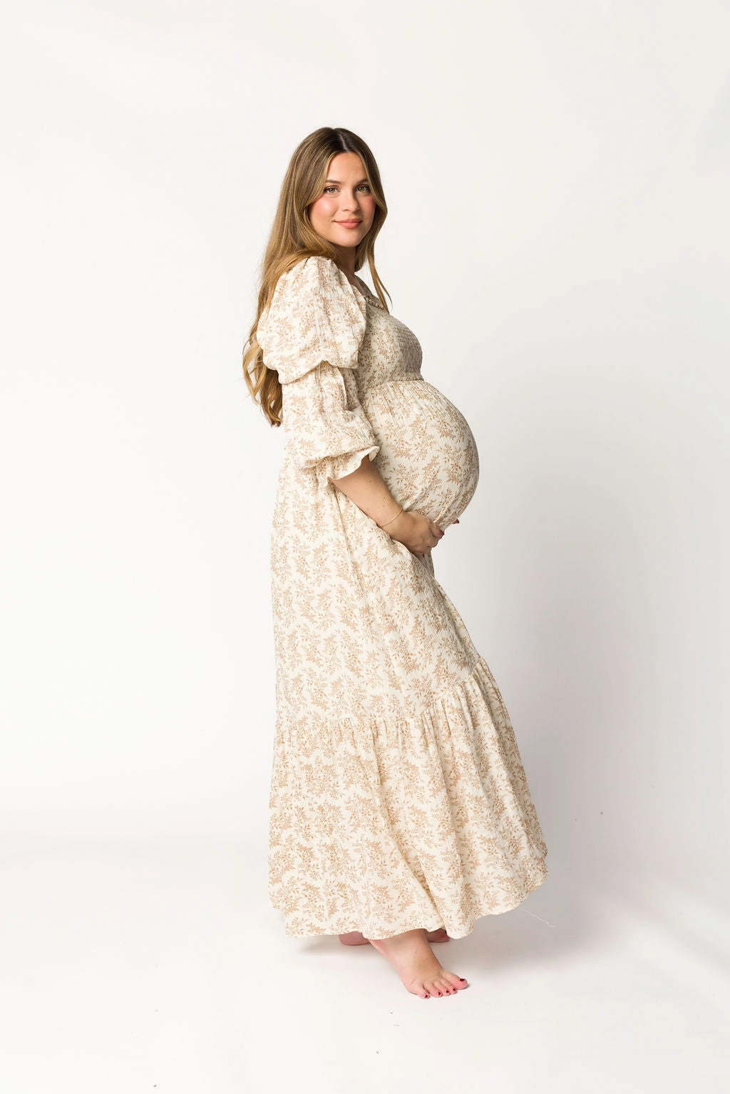 Emerson 100% Cotton Gauze Maxi Dress in Natural/Tan Floral - Bump Friendly Airy Weave