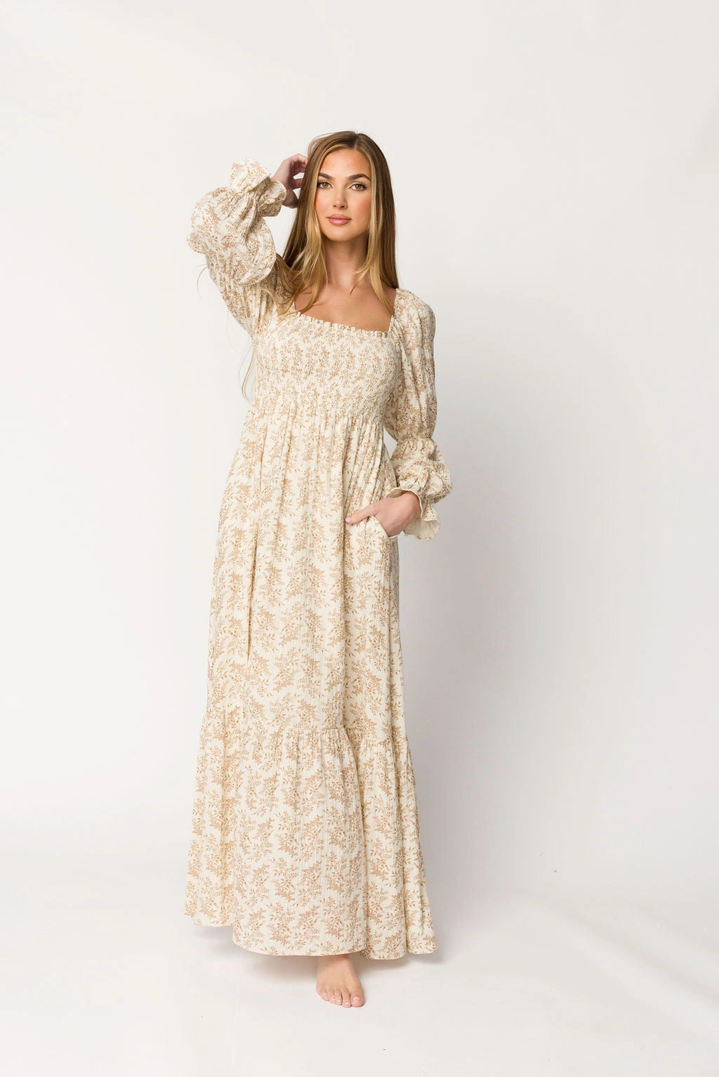 Urban Edge Emerson 100% Cotton Gauze Maxi Dress in Natural/Tan Floral - Bump Friendly