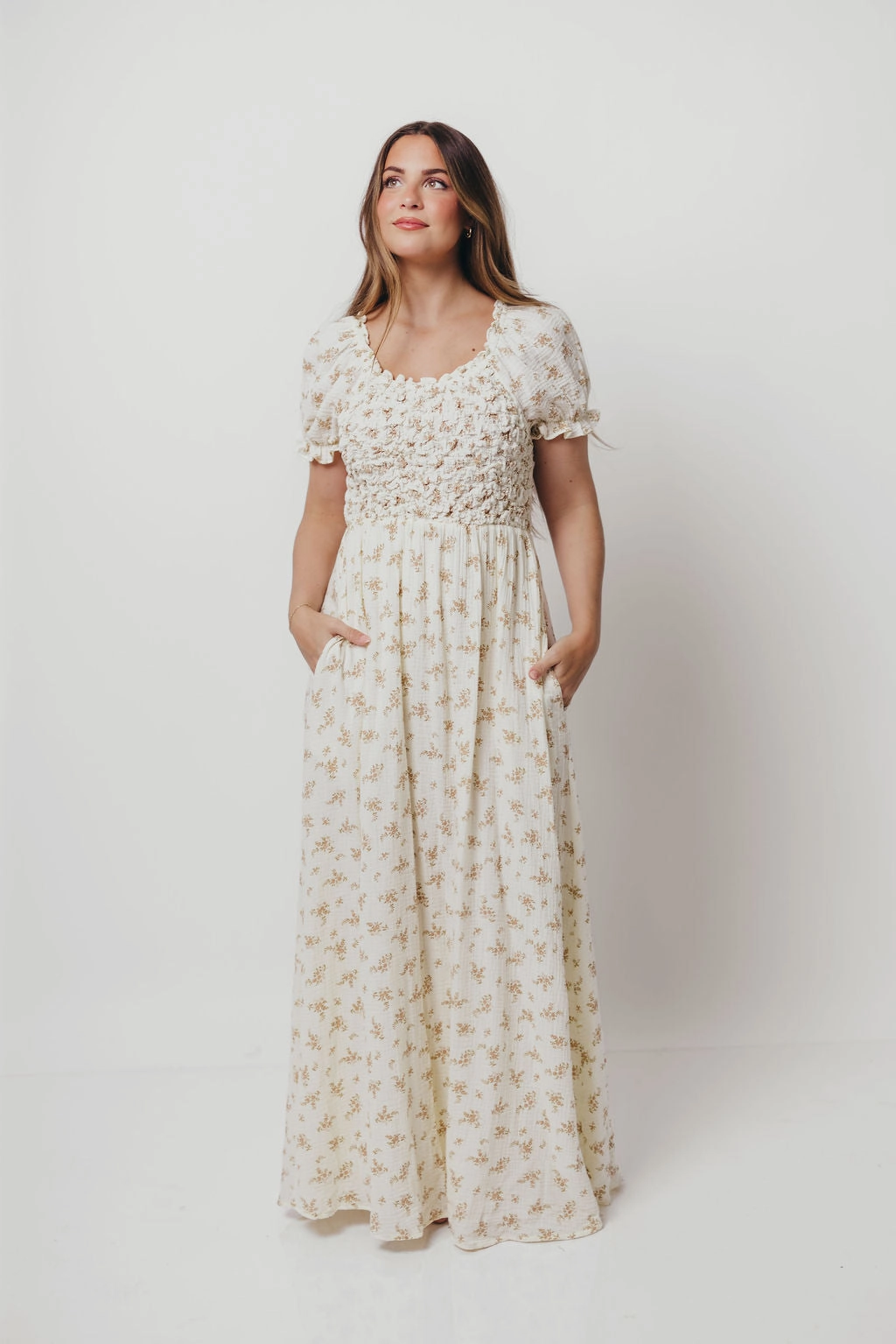 Emilia 100% Cotton Smocked Maxi Dress in Cream - Bump Friendly Chic Comfort Relaxed-fit