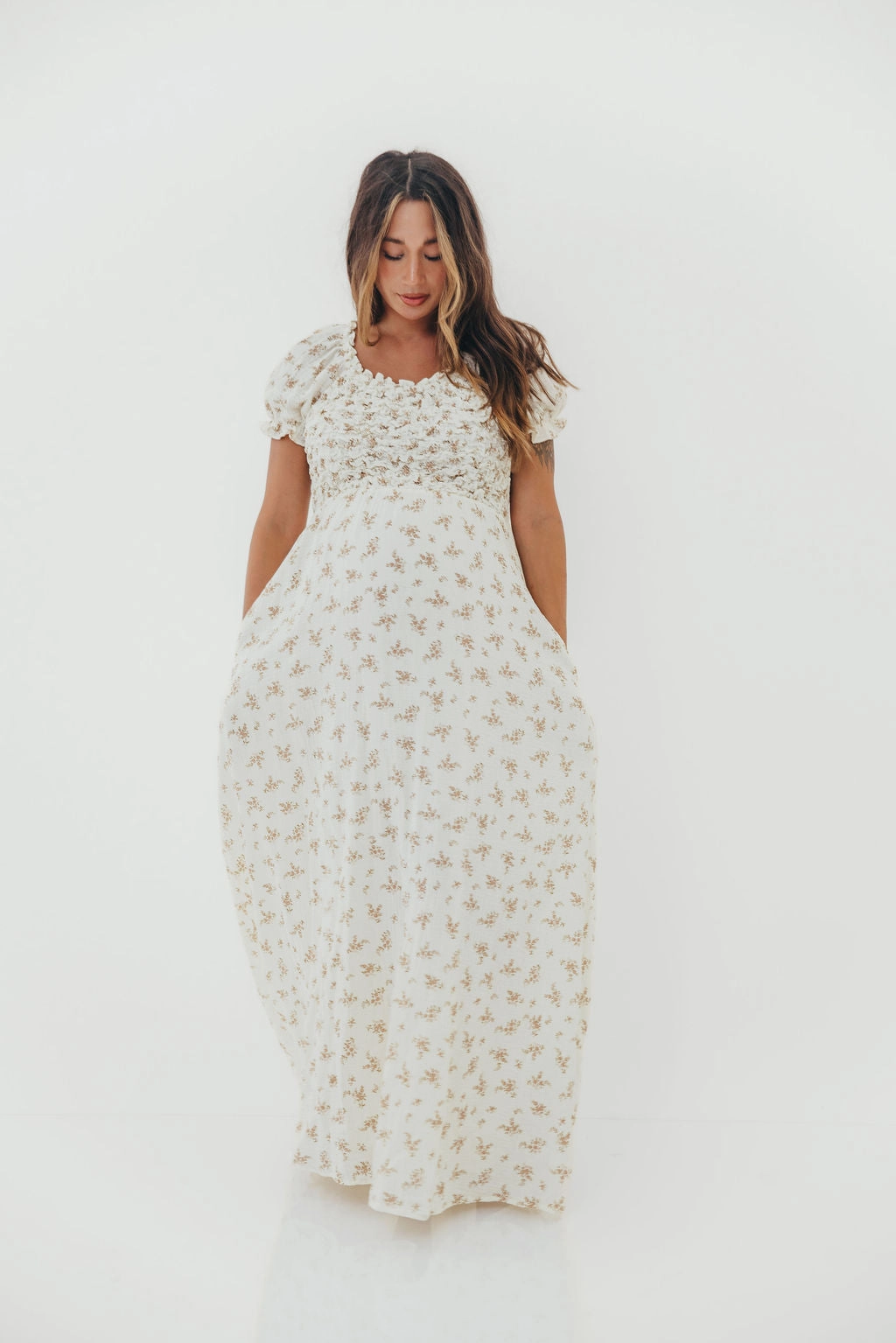 Emilia 100% Cotton Smocked Maxi Dress in Cream - Bump Friendly Occasion Wear