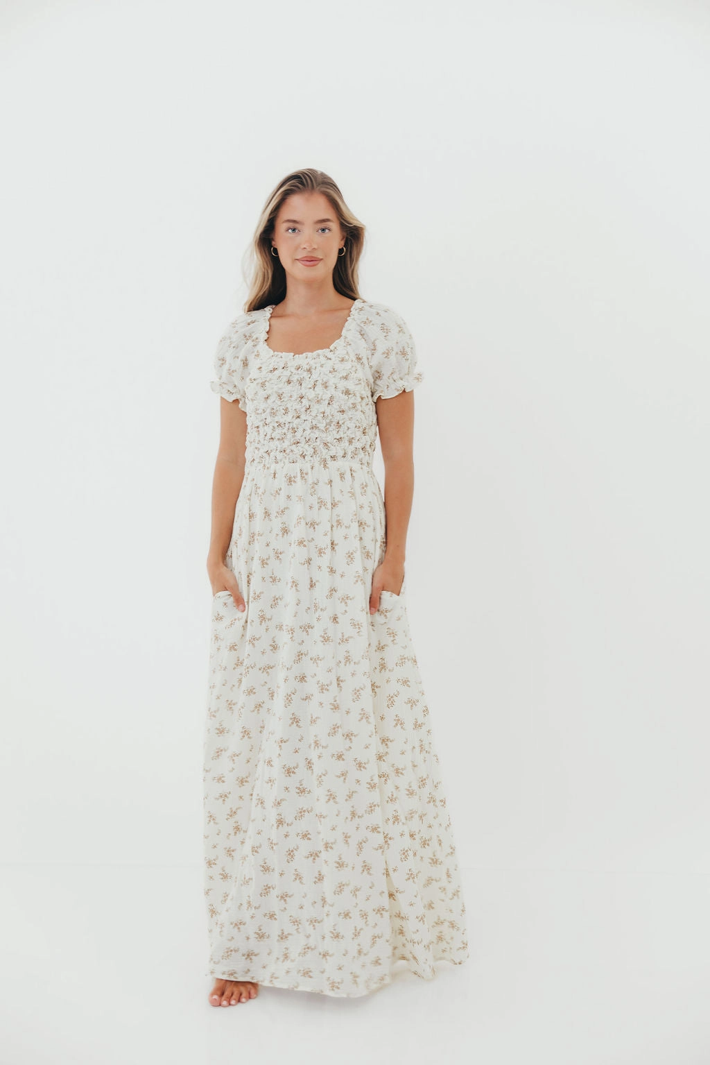 Subtle Glam Emilia 100% Cotton Smocked Maxi Dress in Cream - Bump Friendly