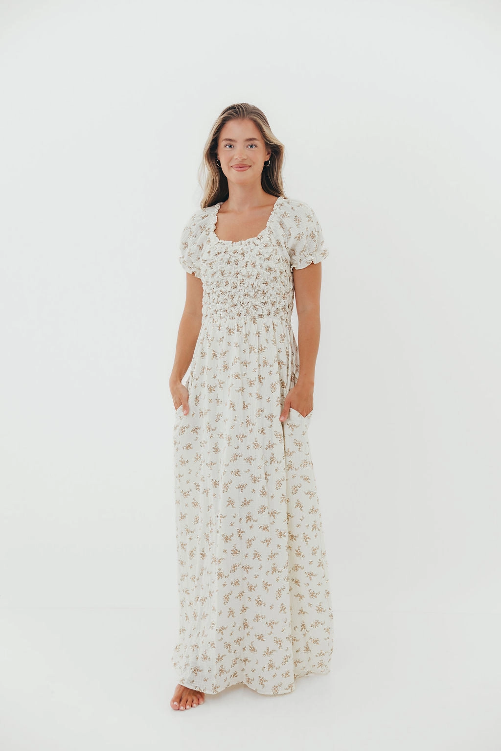 Emilia 100% Cotton Smocked Maxi Dress in Cream - Bump Friendly Comfortable Waist Design
