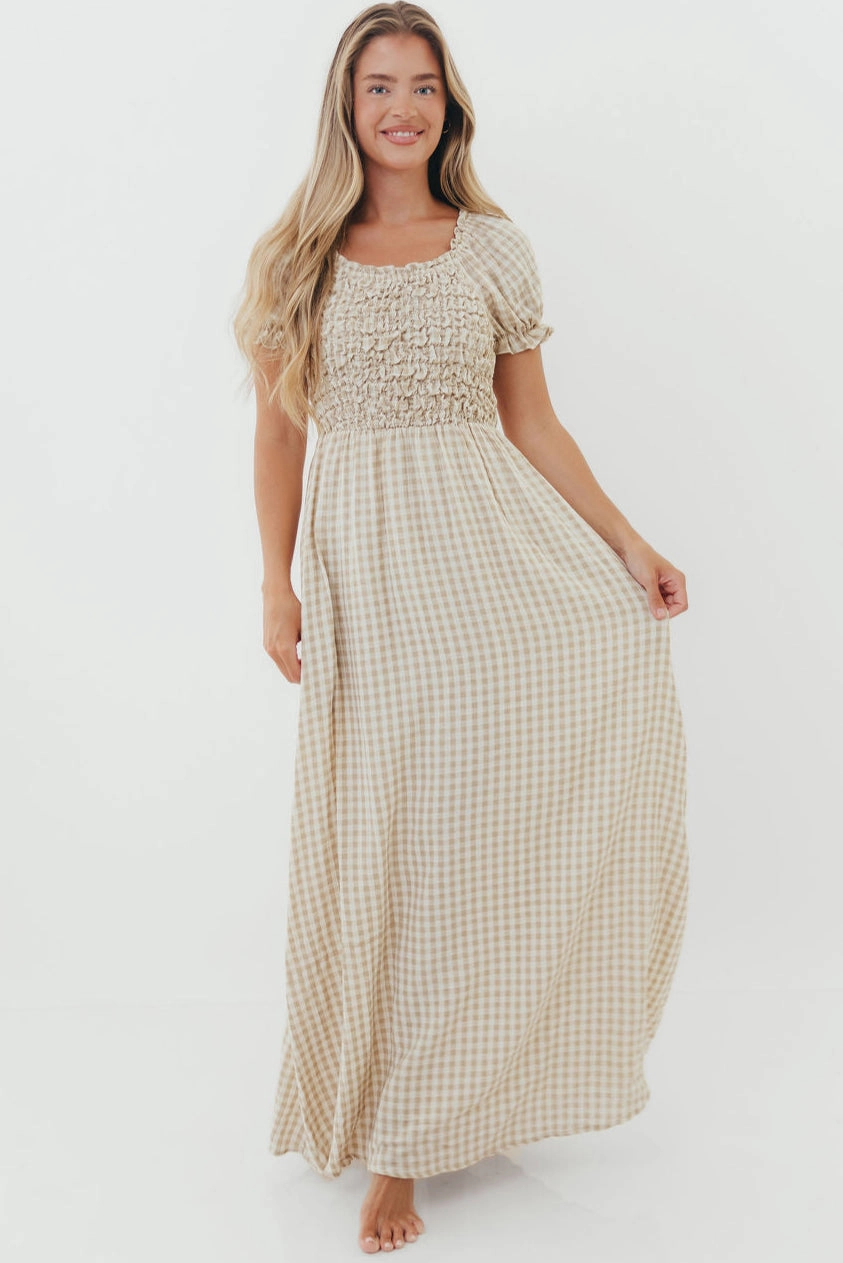Emilia 100% Cotton Smocked Maxi Dress in Natural - Bump Friendly Date Ready