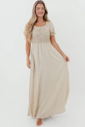 Emilia 100% Cotton Smocked Maxi Dress in Natural - Bump Friendly Date Ready
