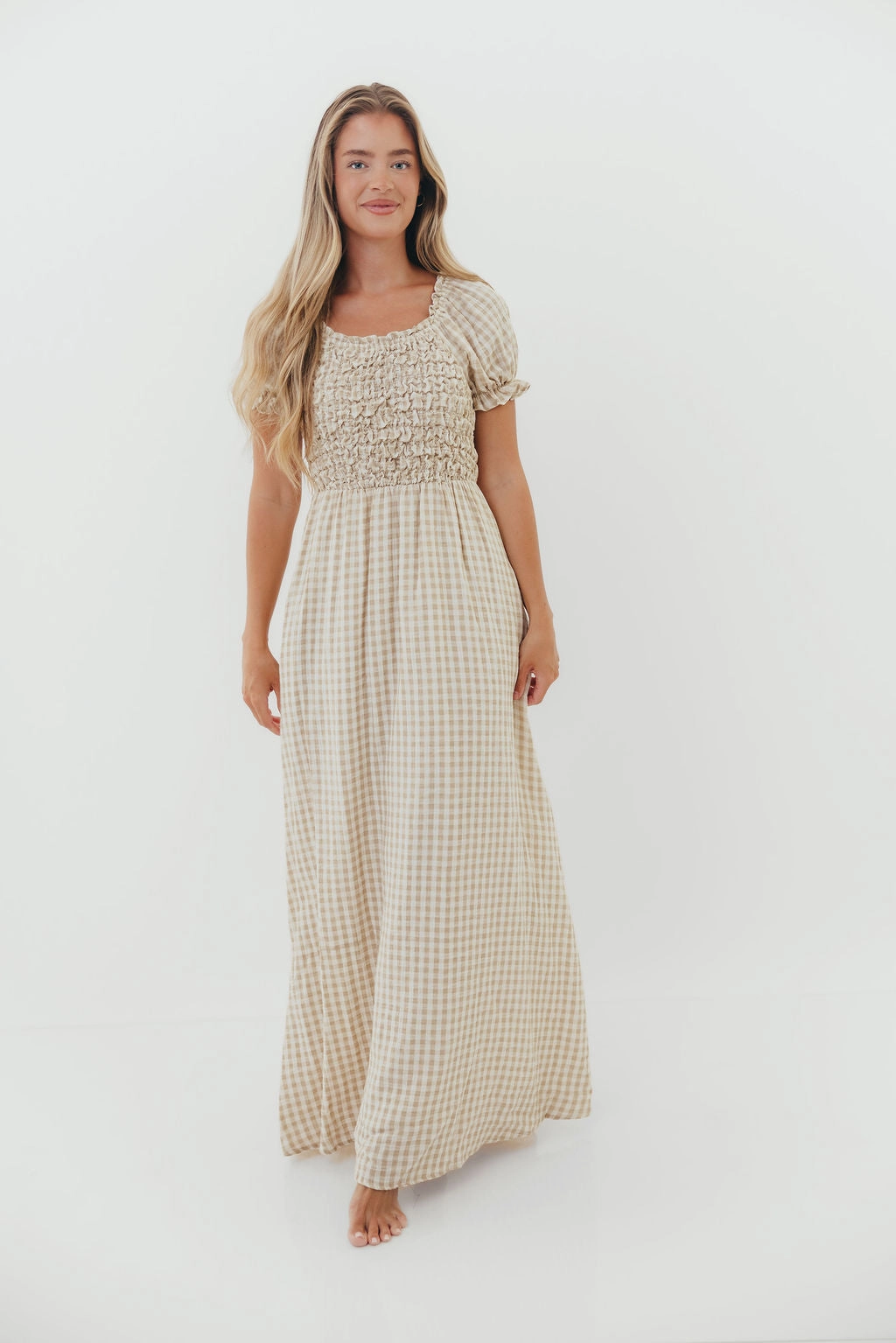 Date Ready City Essential Emilia 100% Cotton Smocked Maxi Dress in Natural - Bump Friendly
