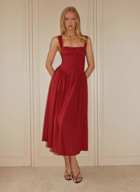 Layering Piece Glossy Fabric Emmalina Midi Dress - Deep Red