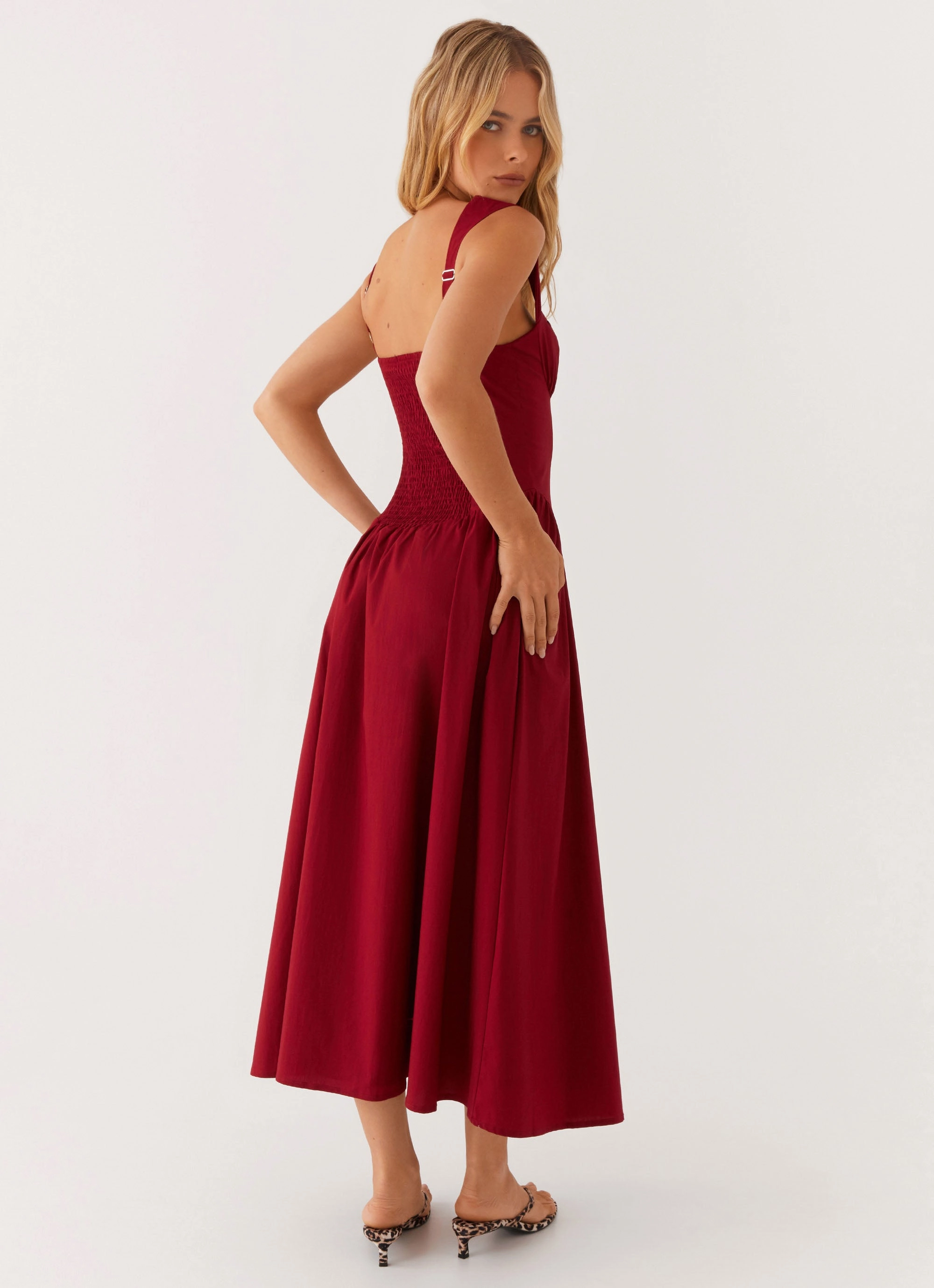 Fold-Over-Detail Emmalina Midi Dress - Deep Red