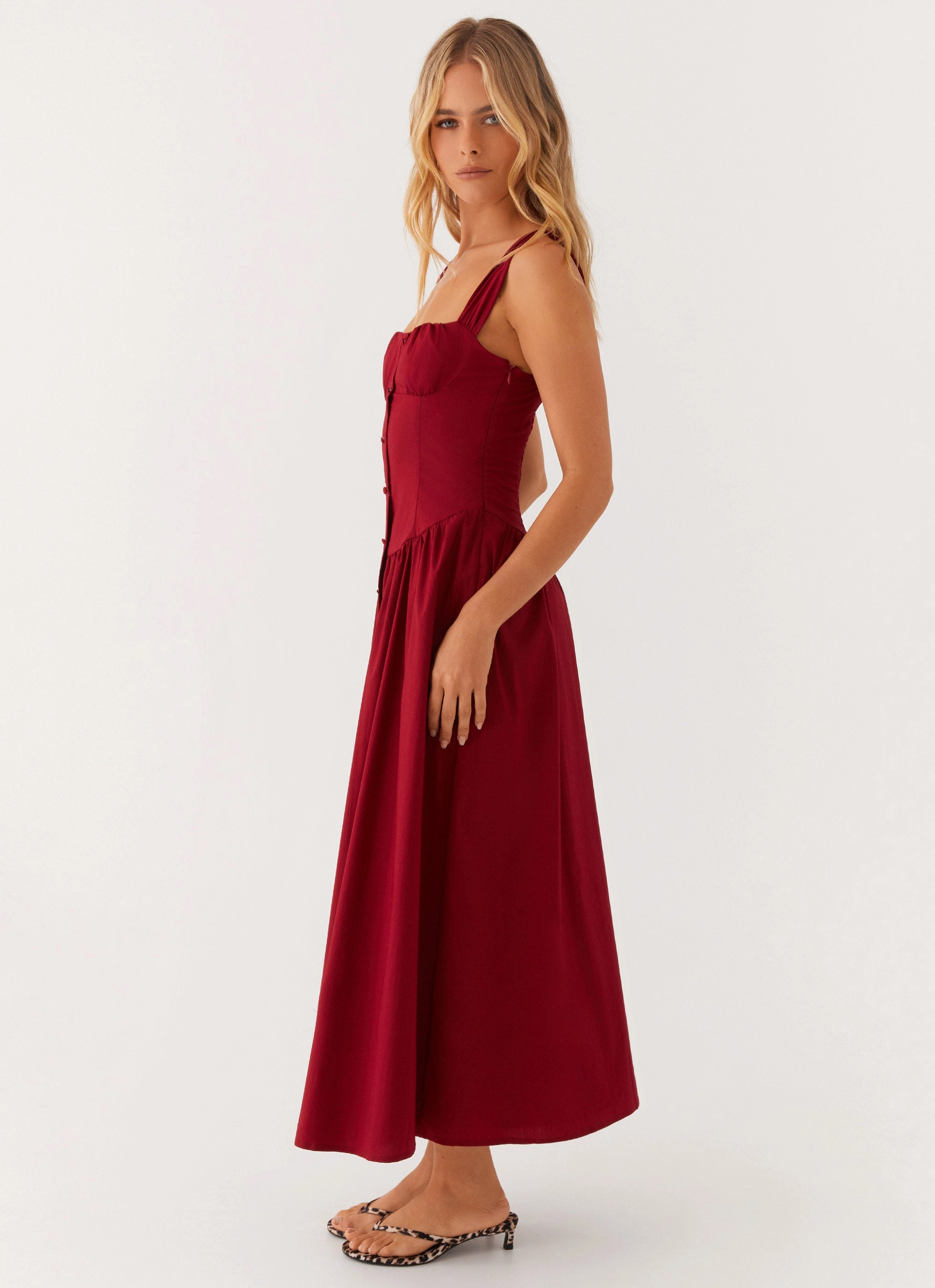 Emmalina Midi Dress - Deep Red Beaded-Sleeve Semi Formal