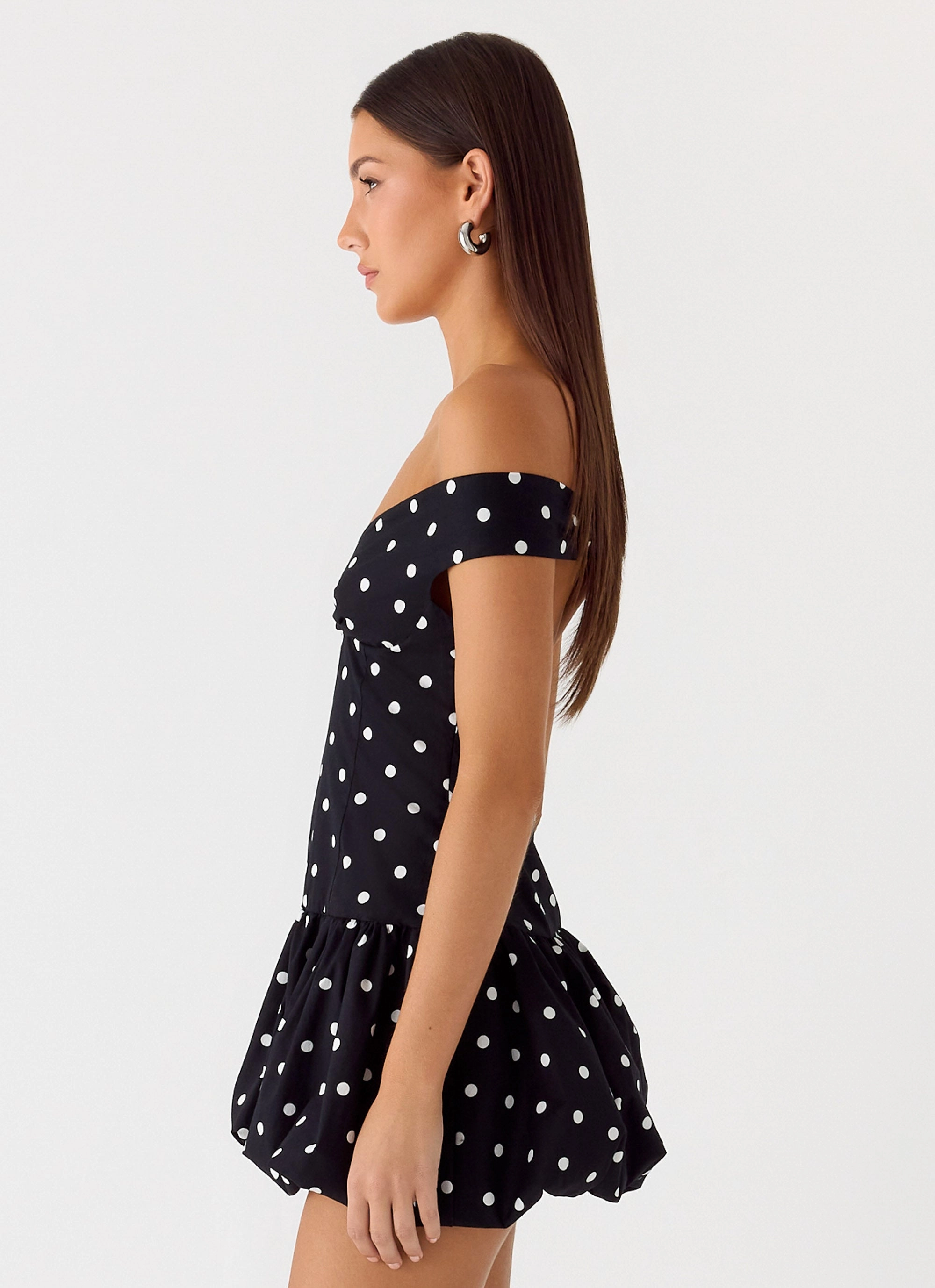 Comfy Fit Wear Natural Tones Endless Romance Off Shoulder Mini Dress - Black Polkadot