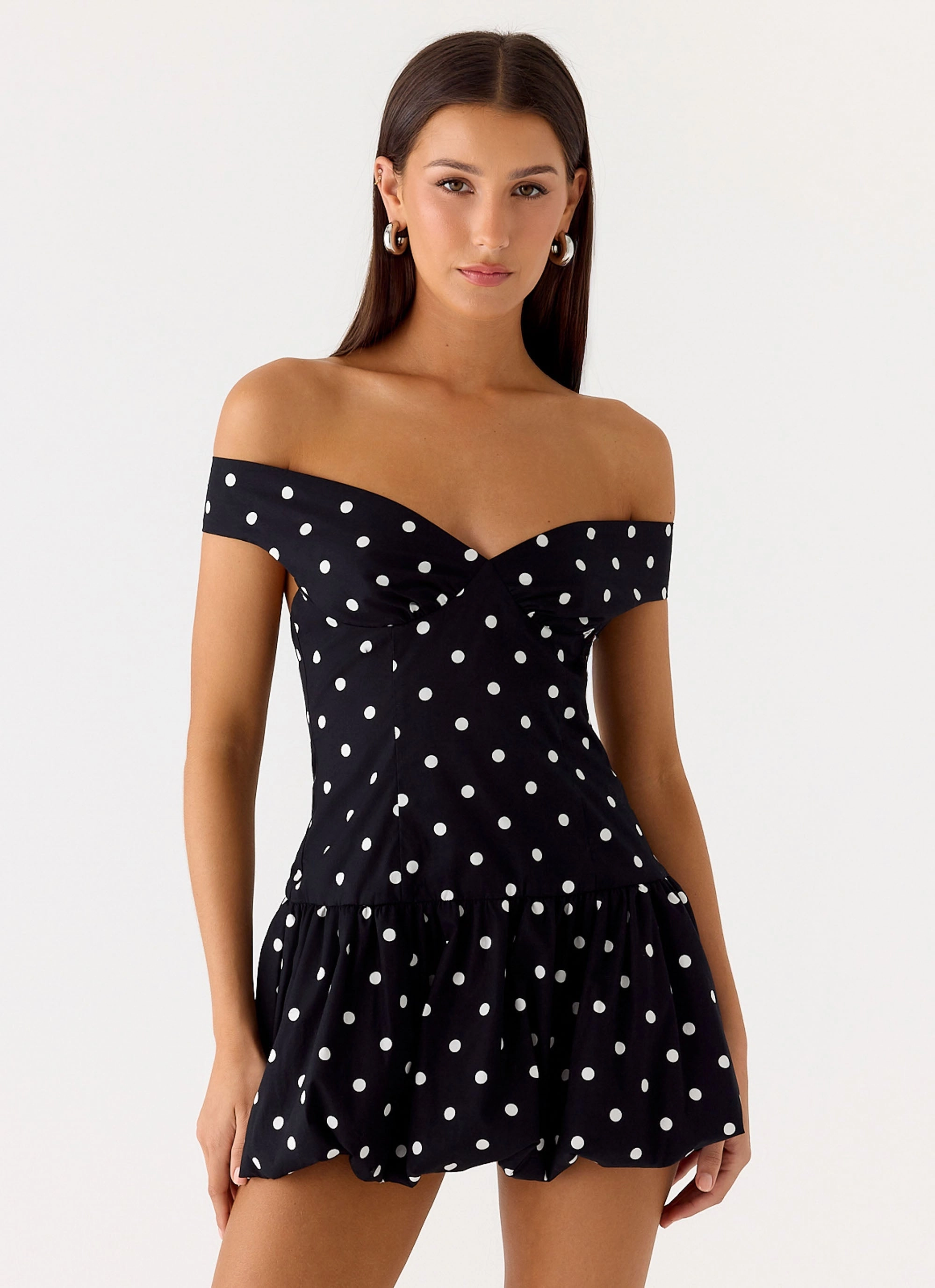 Endless Romance Off Shoulder Mini Dress - Black Polkadot A-Line Smooth Blend
