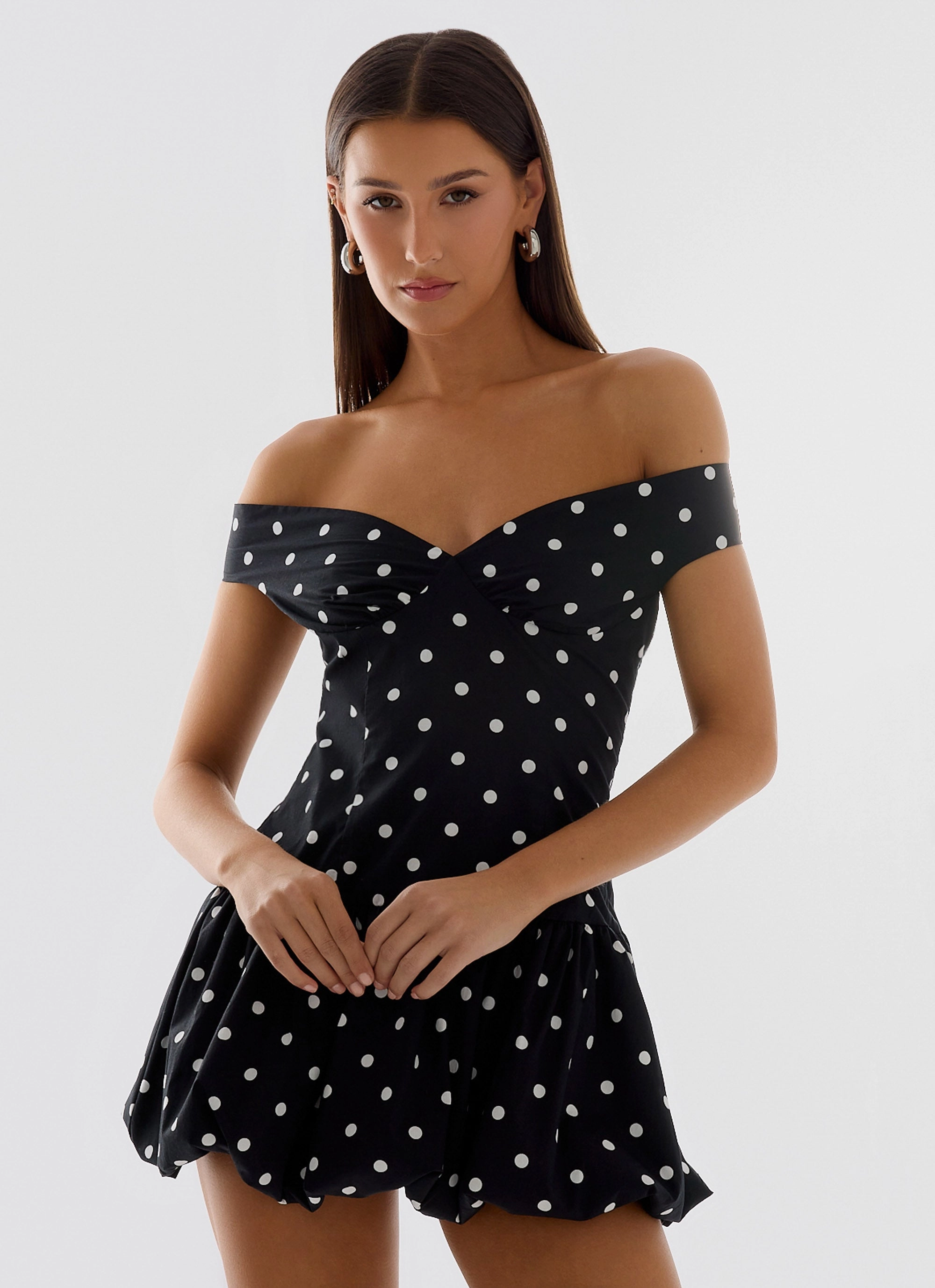 Timeless Piece Endless Romance Off Shoulder Mini Dress - Black Polkadot