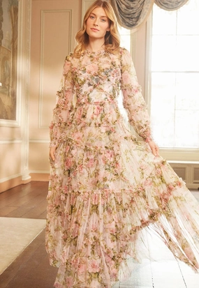 English Rose Diamond Ruffle Gown Simple Form Elastic Fit