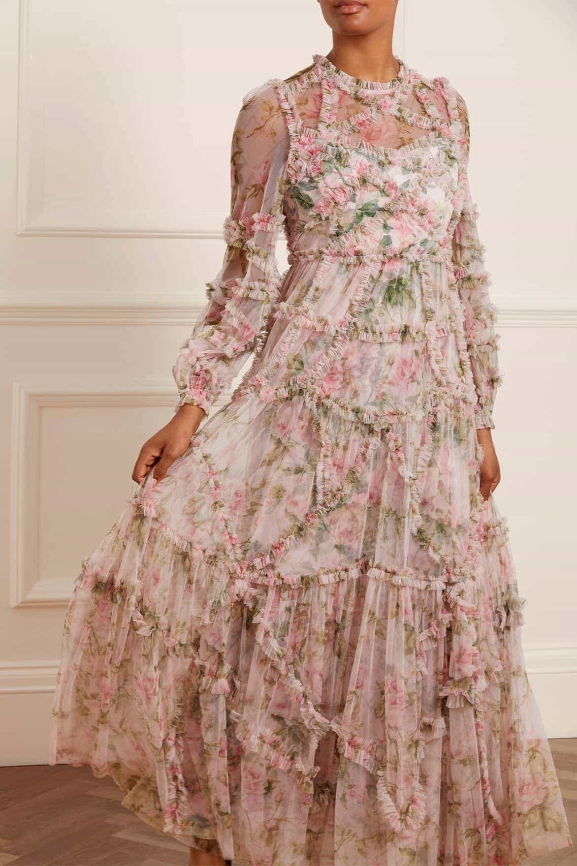 Deep Hue English Rose Diamond Ruffle Gown
