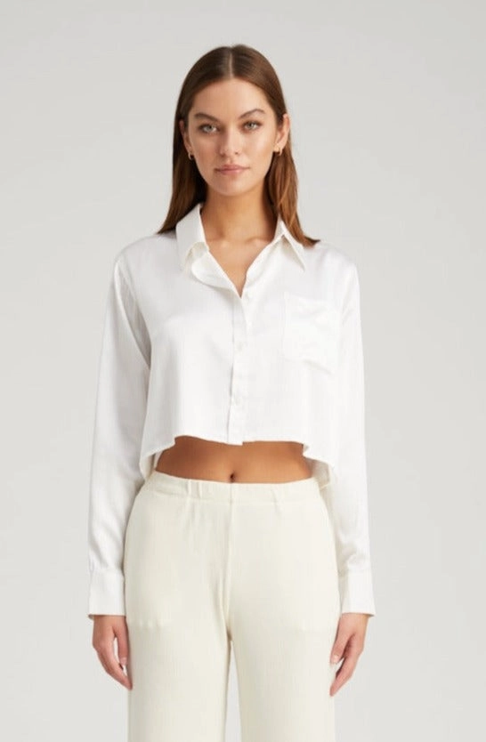 AntiStaticFinish Non Slip Shoulder Seams White Silk Cropped Button Down