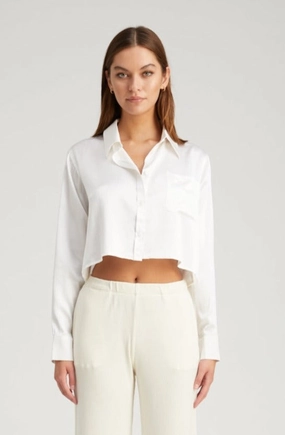 RibbedHemline WrinkleFree Weave White Silk Cropped Button Down