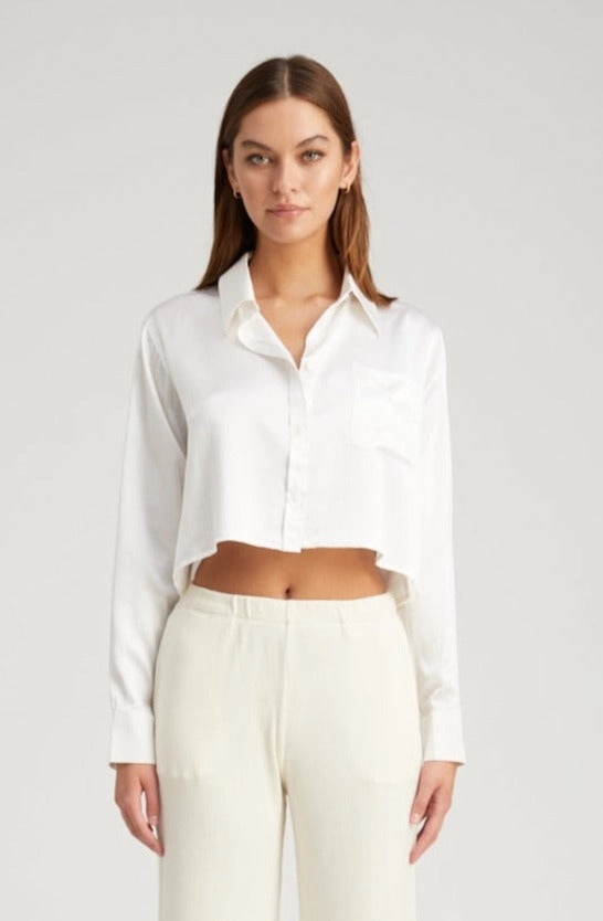 RibbedHemline WrinkleFree Weave White Silk Cropped Button Down