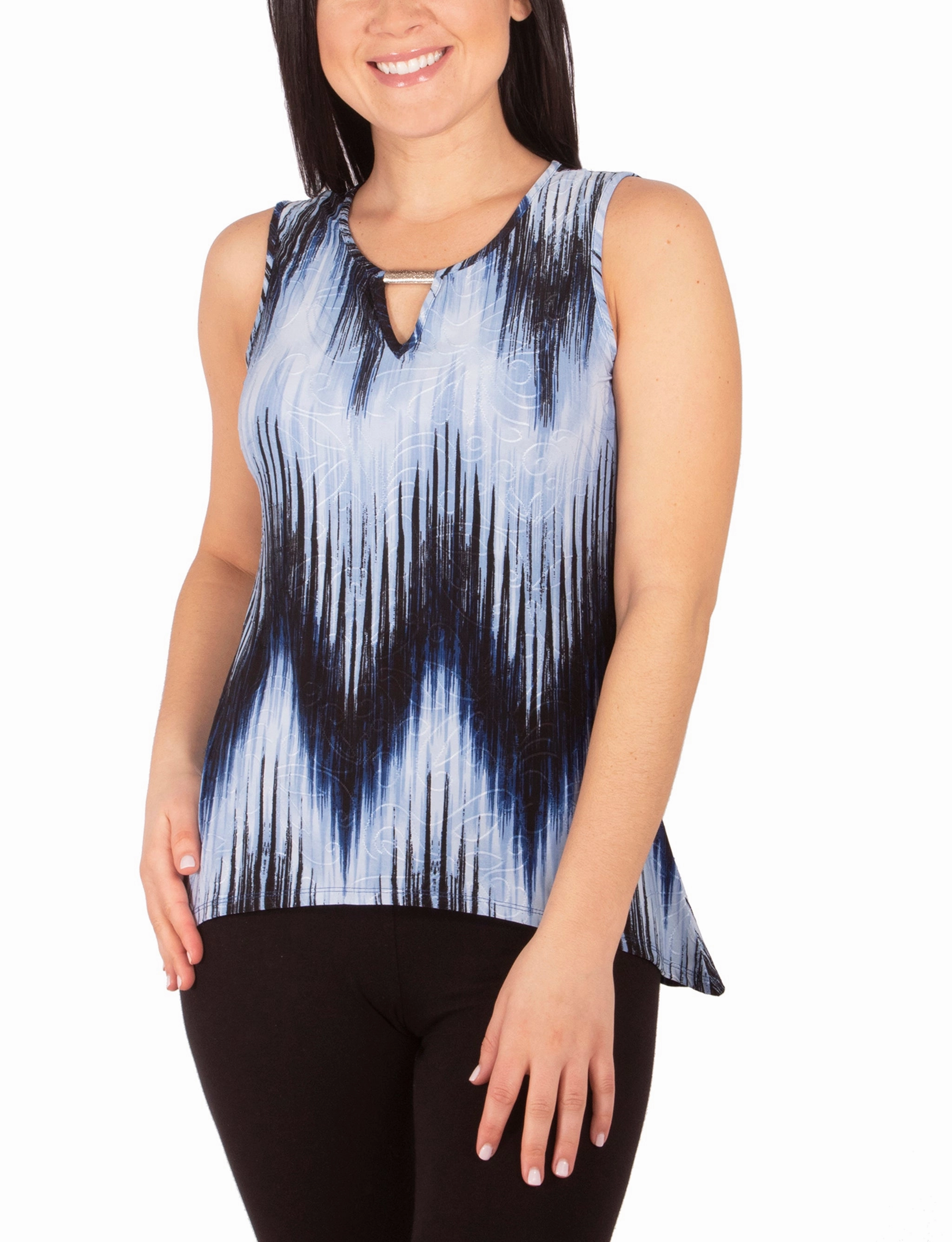 ContouredPanels Reflective Logo Detail Petite 3/4 Sleeve Top With Slight Sharkbite Hemline