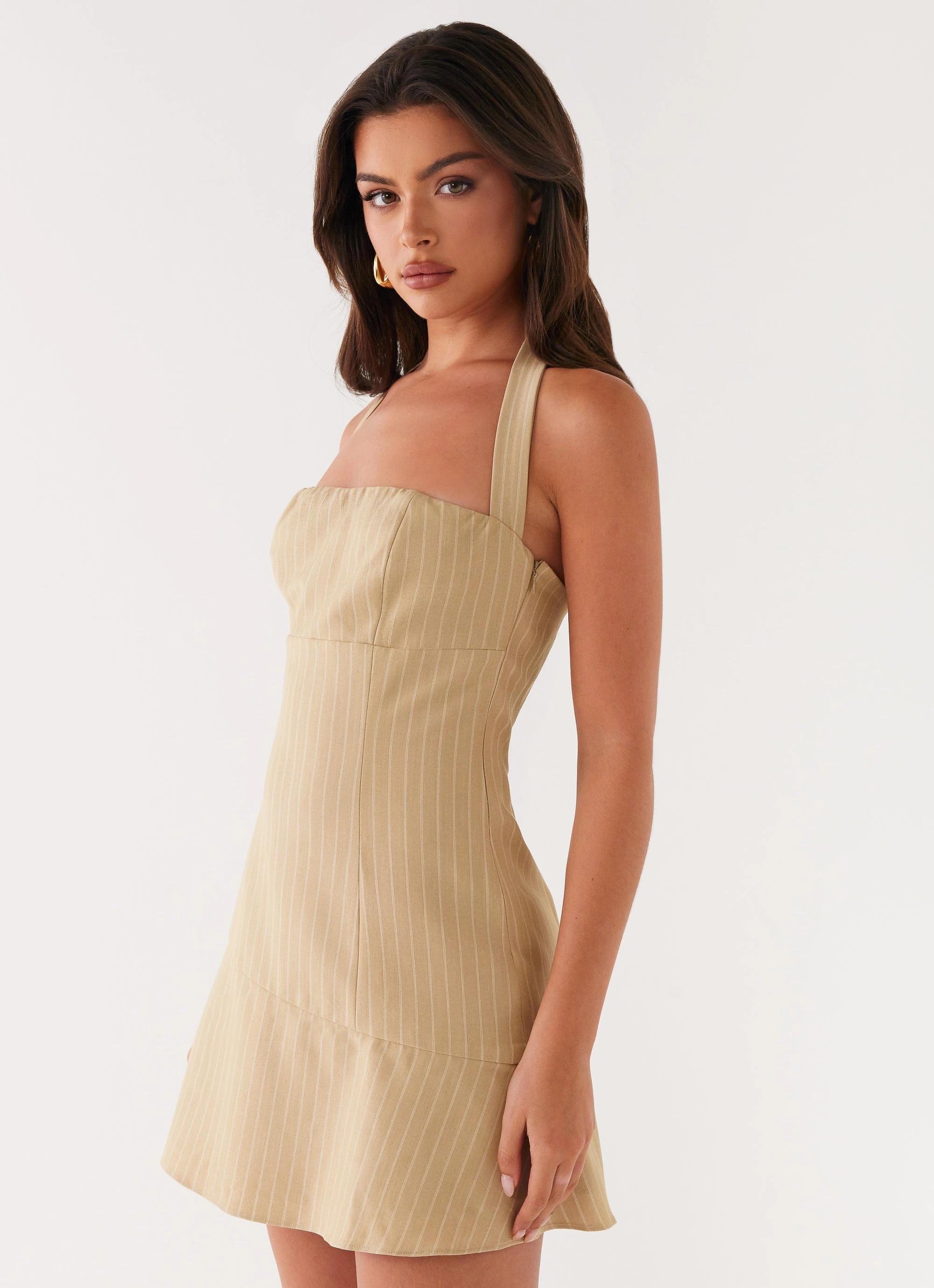 Sophisticated Vibe Trendy Tailoring Erica Mini Dress - Beige Stripe