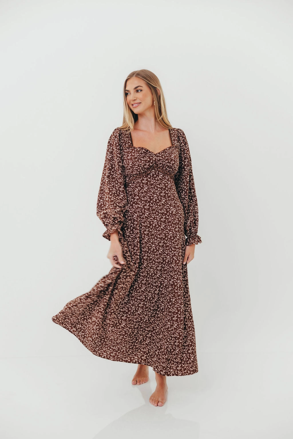 Erin Floral Maxi Dress in Mocha perfect for events Smocked-Detail