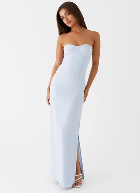 Comfortable travel dress Esra Linen Strapless Maxi Dress - Blue
