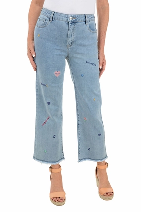 Heat Dissipating Stretching Fit Serendipity Embroidery Wide Leg Denim Pant
