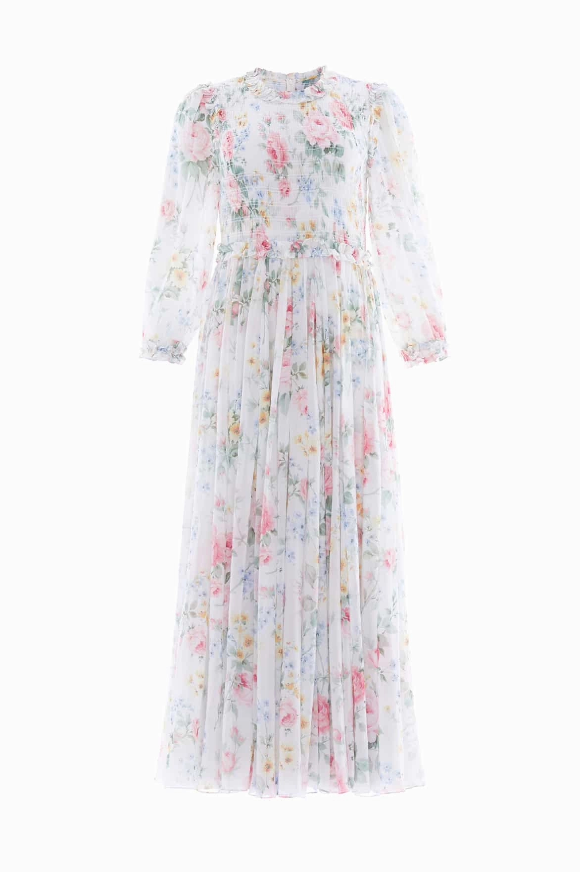 Satin-Sleeve Pompadour Garden Chiffon Smocked Ballerina Dress